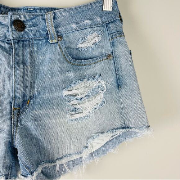 AEO blue distressed cutoff festival western boho denim jean shorts 2 - Picture 2 of 6